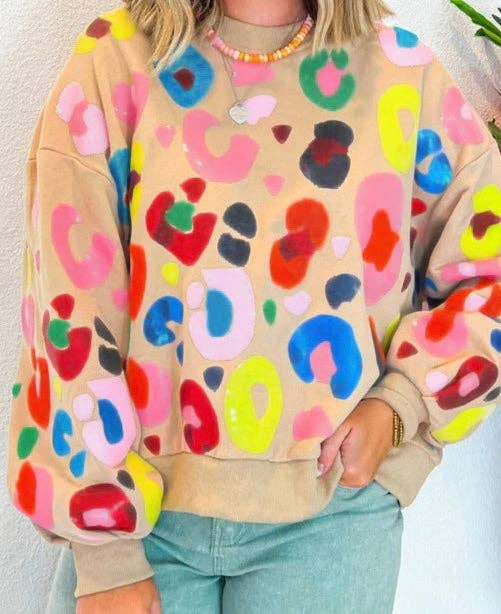 Multicolor Leopard Printed Drop Shoulder Pullover Sweatshirt