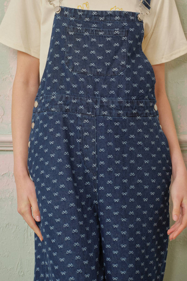 Bow-Patterned Denim Overalls