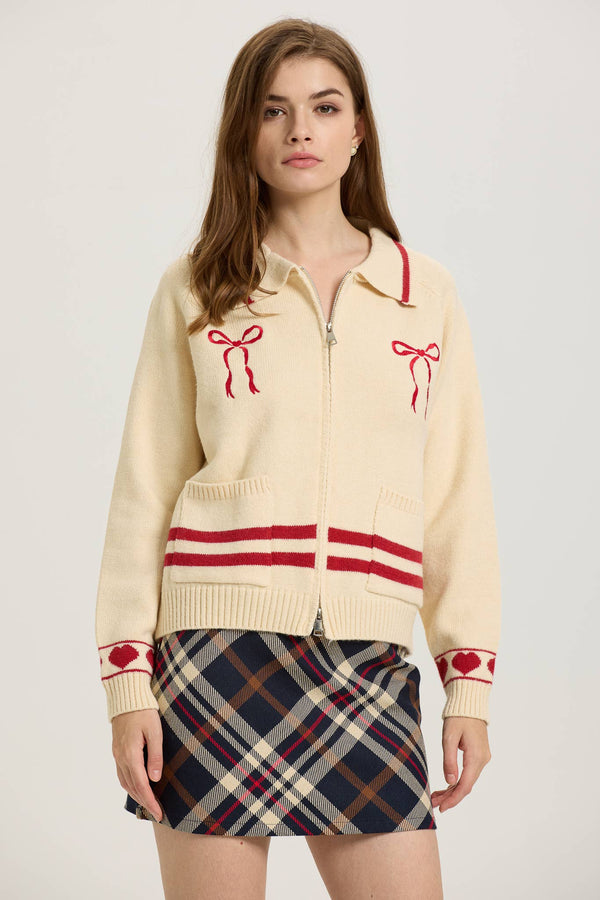 Cream Zip-Up Cardigan with Red Bow Embroidery