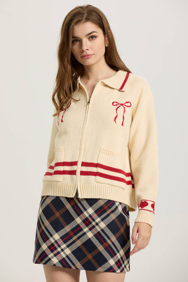 Cream Zip-Up Cardigan with Red Bow Embroidery