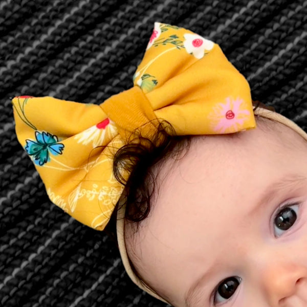 Marigold Floral Print Girl's Hair Bow (matching Mom Tee) - 2