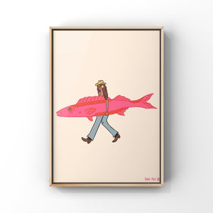 Fish Surfboard Cowgirl Art Print - 1