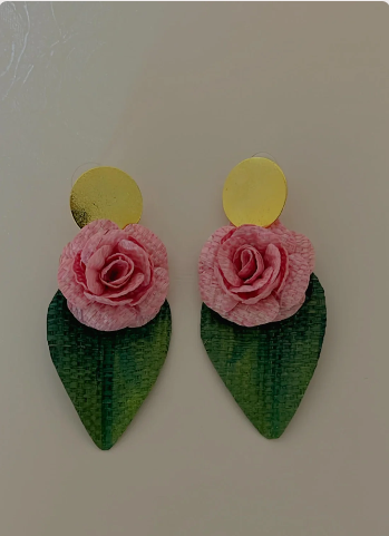 Rose with leaf banana fiber earrings-Pink  - 2