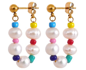 Pearl and Bead Hoop Earrings  - 1