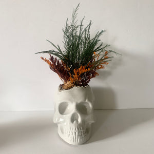 Concrete Skull with Dried Floral Bouquet  - 1