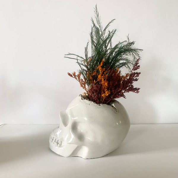 Concrete Skull with Dried Floral Bouquet  - 2