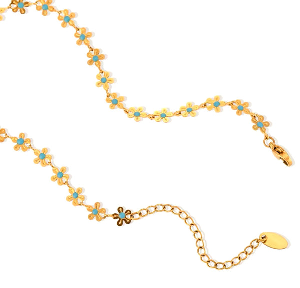 Turquoise and Gold Flower Necklace   - 3