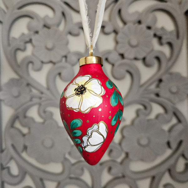 Red Floral Handpainted Ornament - 5