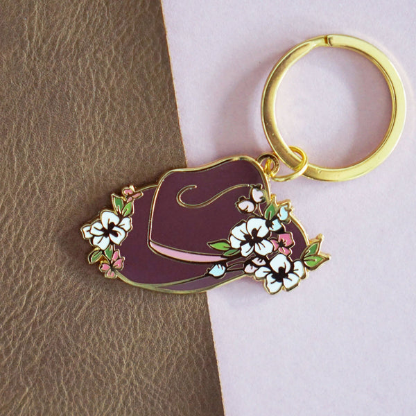 Floral Cowgirl Hat Gold Enamel Keychain - Dark - 1