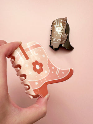 Pink and Orange Flower Cowgirl Boot Hair Claw Clip - 1