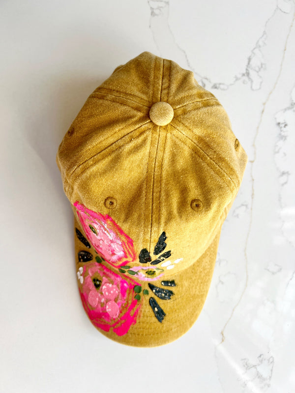 Mustard yellow hand-painted ranunculus ball cap - 2