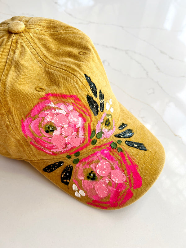 Mustard yellow hand-painted ranunculus ball cap - 1