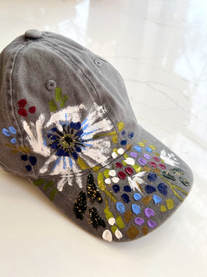 Grey hand-painted white poppy ball cap - 1