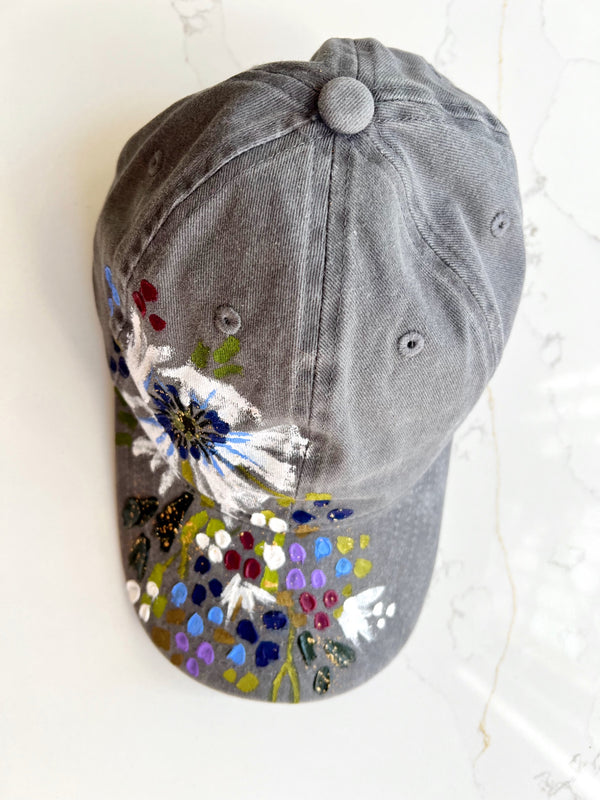 Grey hand-painted white poppy ball cap - 2