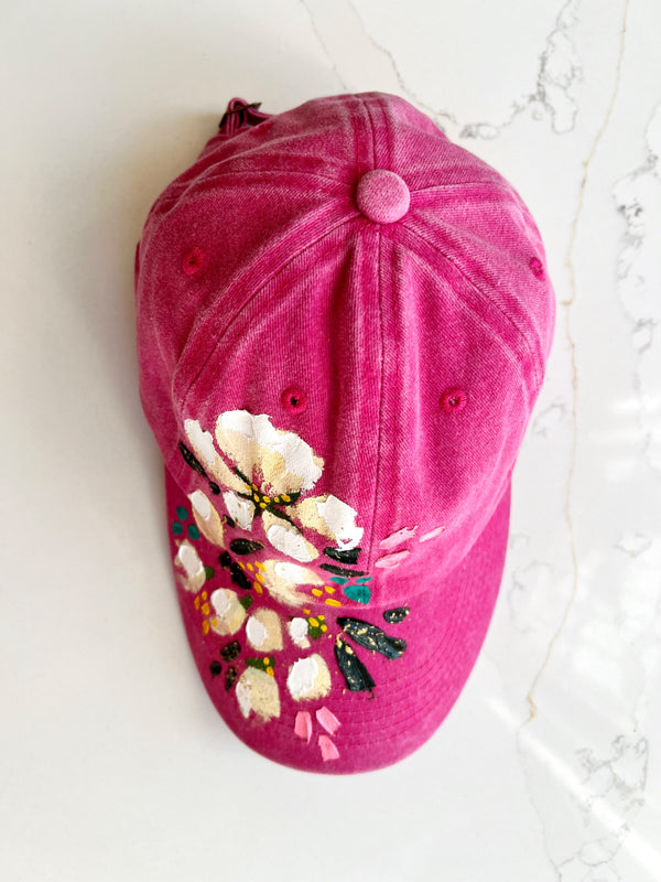 Magenta hand-painted white dogwood ball cap - 2