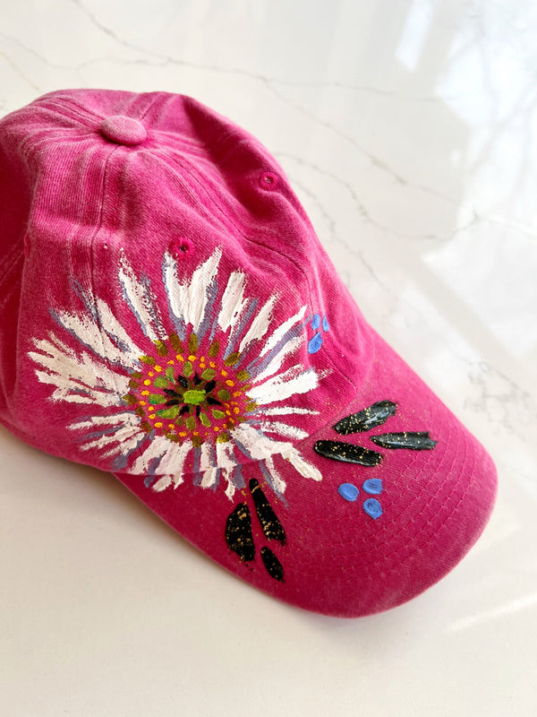 Magenta hand-painted white daisy ball cap - 1