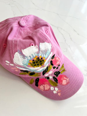 Light pink hand-painted white poppy ball cap - 1