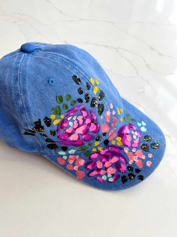 Royal blue hand-painted pink rose ball cap - 1