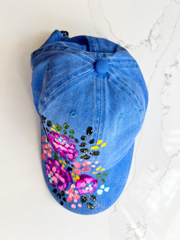 Royal blue hand-painted pink rose ball cap - 2