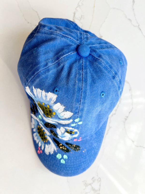 Royal blue hand-painted white poppy ball cap - 2