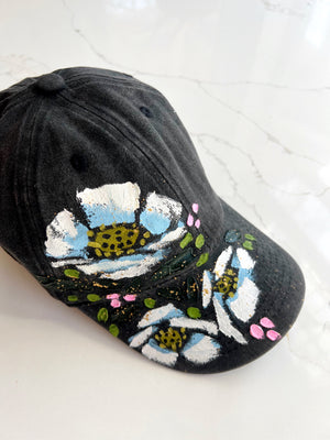 Charcoal hand-painted white poppy ball cap - 1