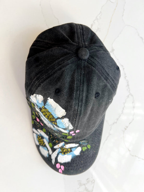 Charcoal hand-painted white poppy ball cap - 2