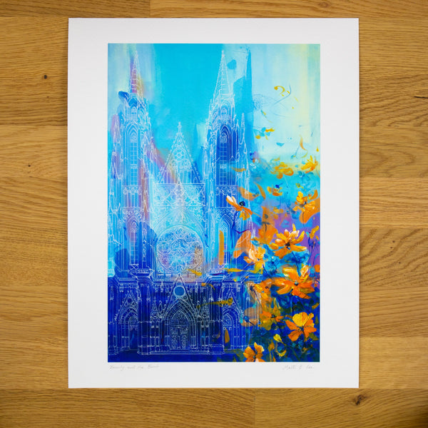 Blue Gothic Cathedral with Orange Flowers Art Print