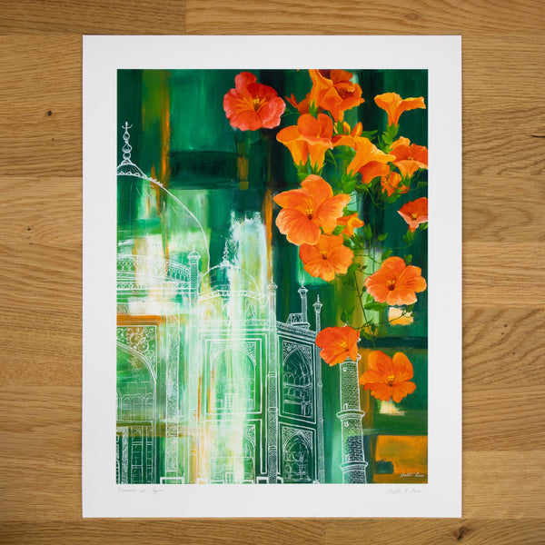 Green Taj Mahal with Orange Flowers Print