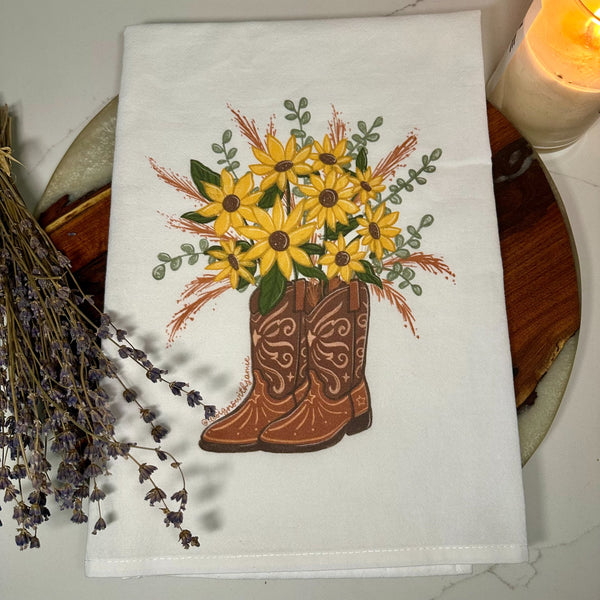 Cowboy Boots Sunflower Tea Towel