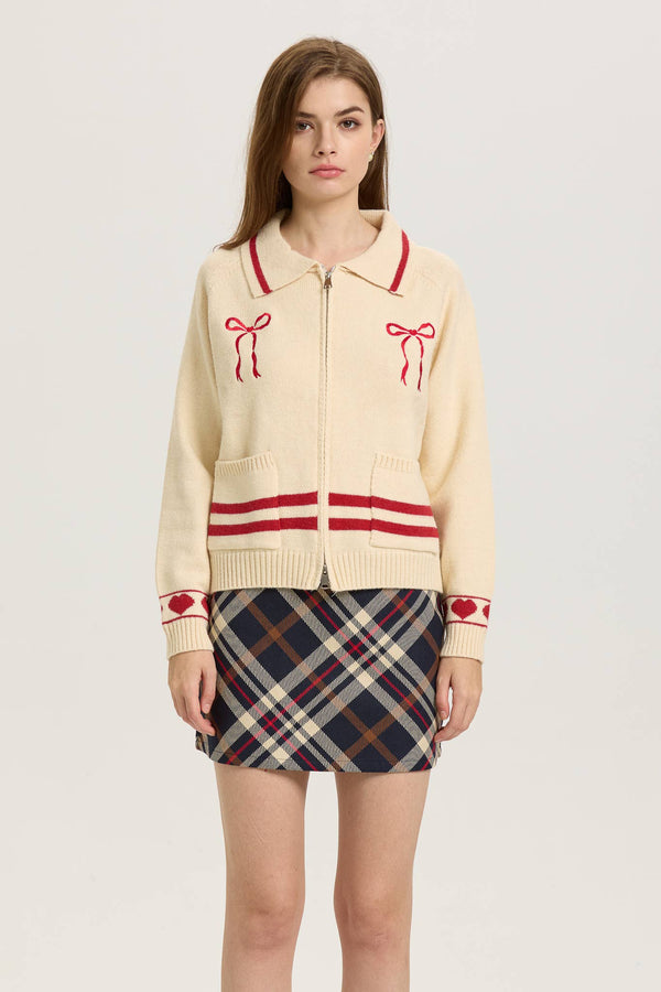 Cream Zip-Up Cardigan with Red Bow Embroidery