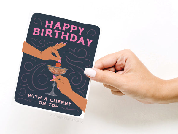 Happy Birthday Cocktail With Cherry On Top Greeting Card - RS