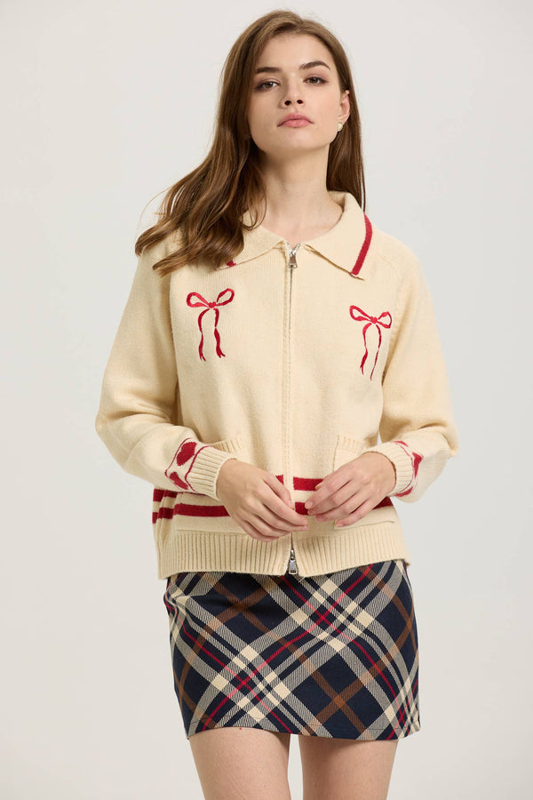 Cream Zip-Up Cardigan with Red Bow Embroidery