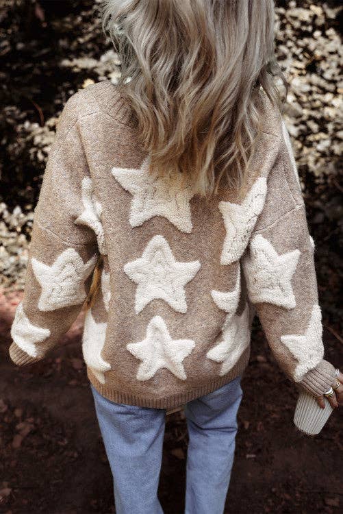 Star Pattern Textured Sweater Cardigan with Pockets