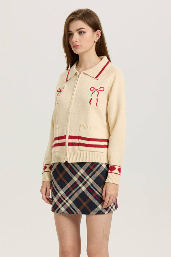 Cream Zip-Up Cardigan with Red Bow Embroidery