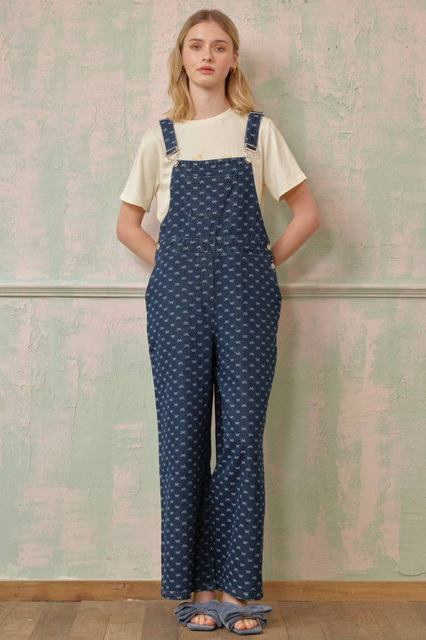 Bow-Patterned Denim Overalls
