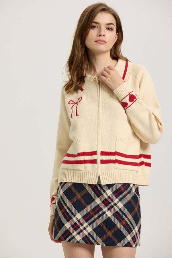 Cream Zip-Up Cardigan with Red Bow Embroidery