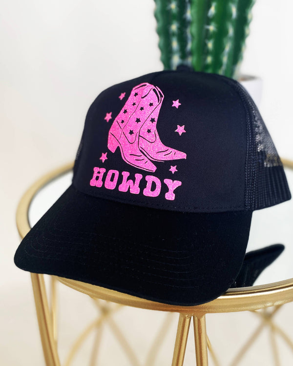 Howdy Boots Glittery Trucker Hat - Solid Black