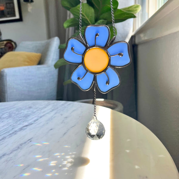 Stained Glass Forget Me Not Flower + Crystal - 1