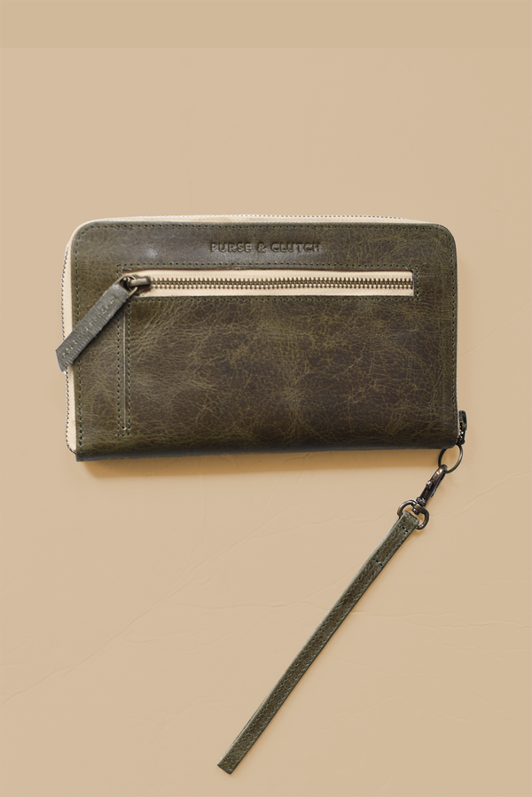 Leather Zipper Wallet Wristlet in Forest Green - 4