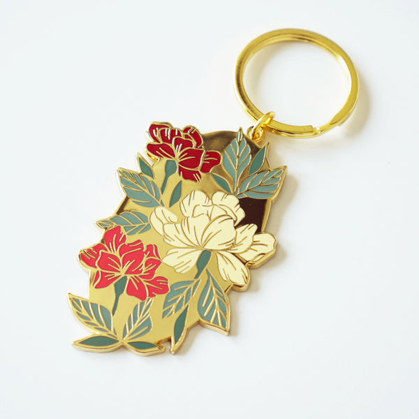 Red Floral Gold Enamel Keychain - 1