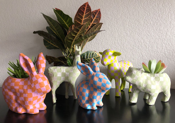 Checkered Painted Paper Mache Animal Planters