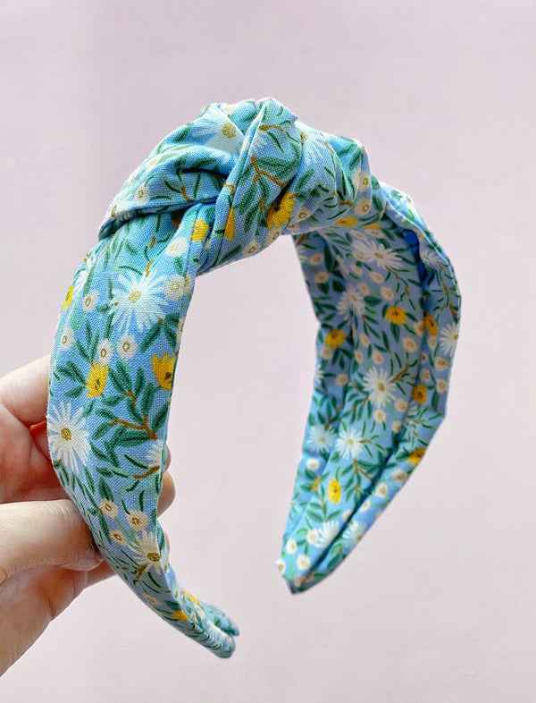 Metallic Blue Spring Daisy Top Knot Headband - 1